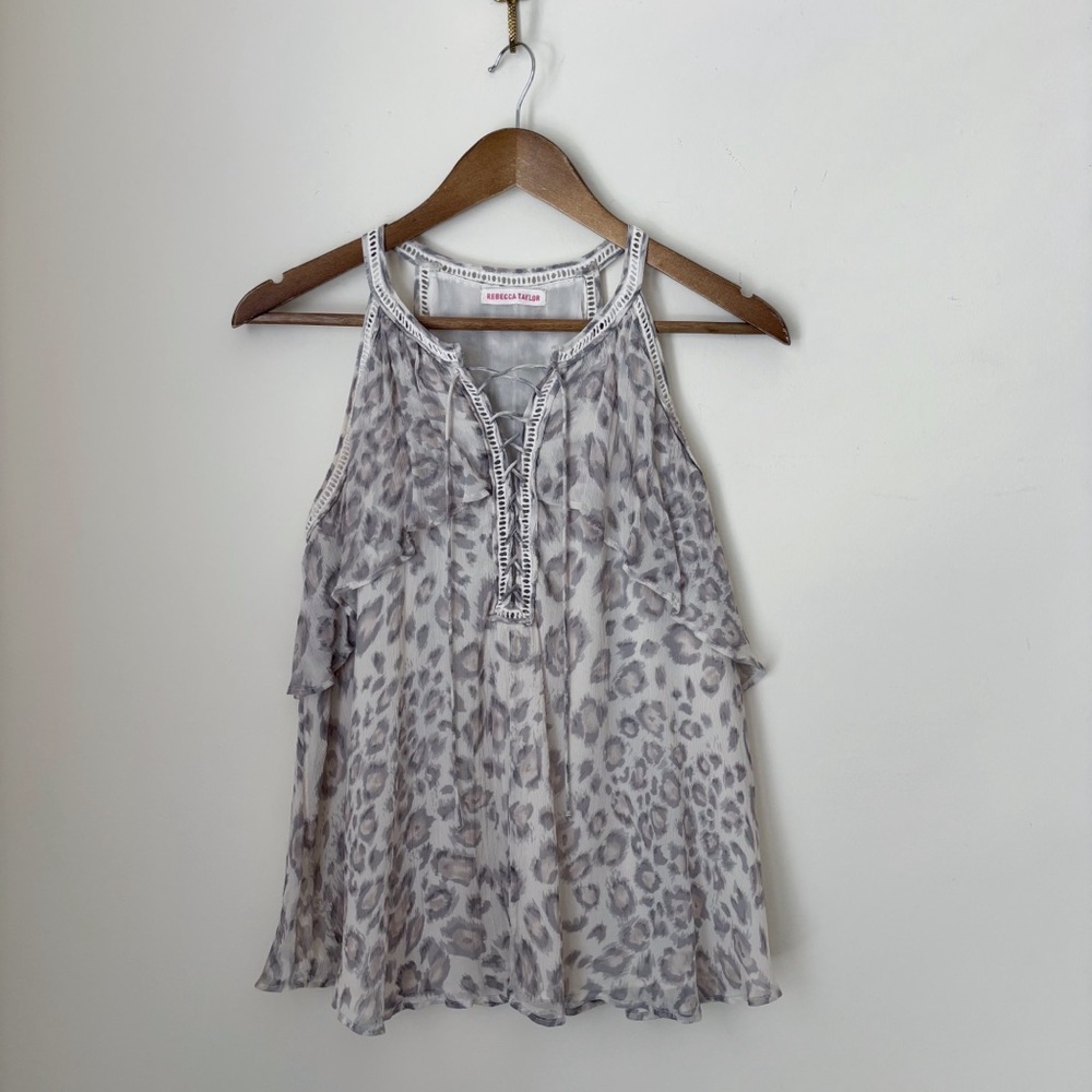 Rebecca Taylor Grey Leopard Print Silk Lace Up Tank Top Sz 4 Quiet Luxury